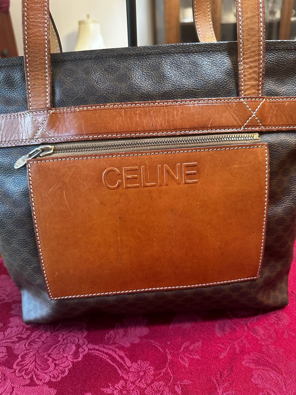 Celine Brown Macadam Coated Canvas and Tan Leather Tote Bag