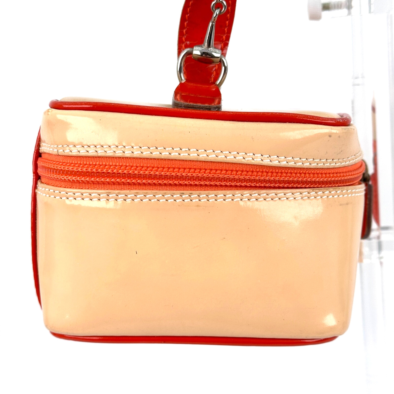 GUCCI Vanity Bag Horsebit Beige Orange Patent Leather Vintage Authentic