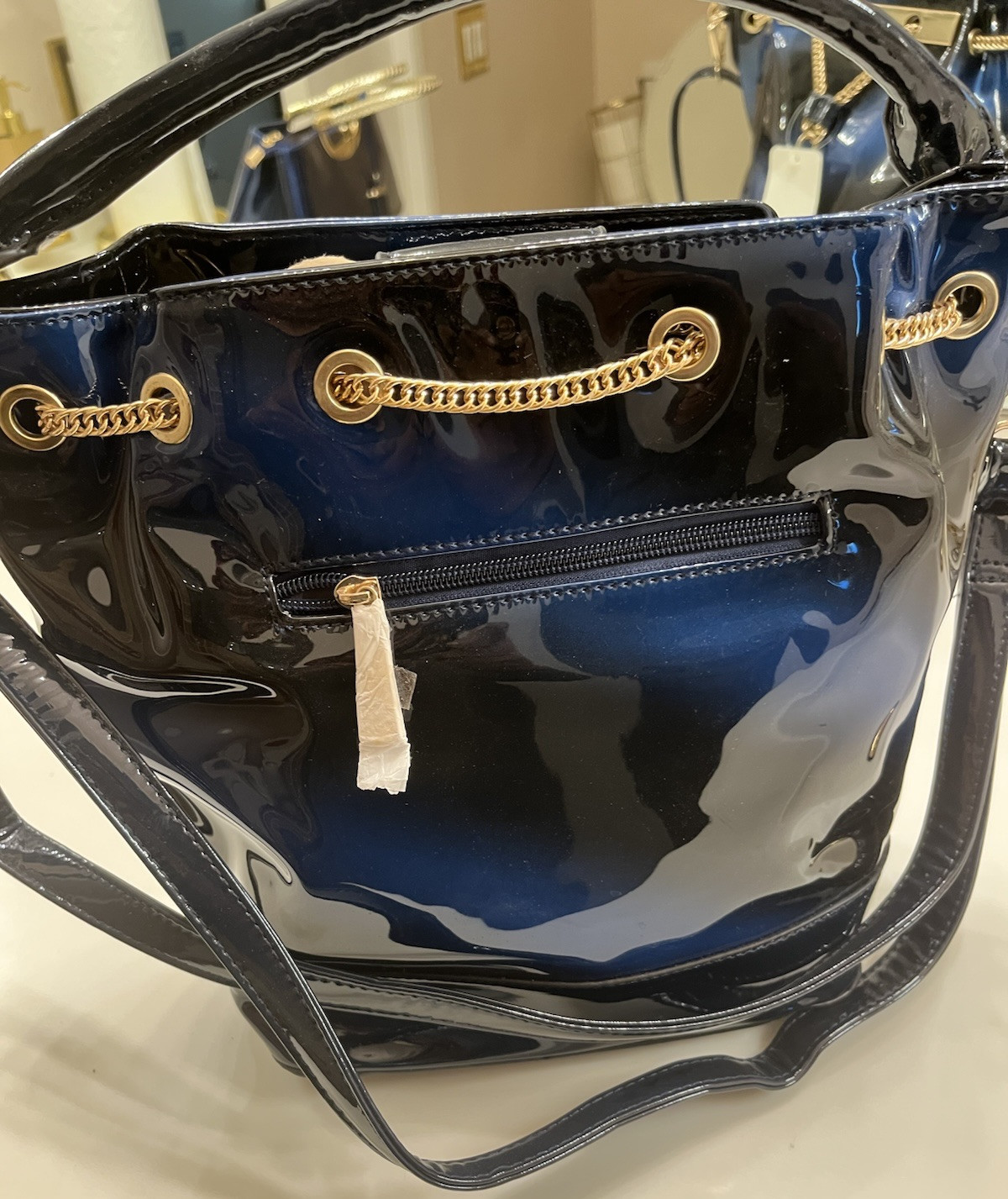 NAVY BLUE PATENT LEATHER Bucket Bag, Chain & Snap Closure, Hand & Shoulder Strap