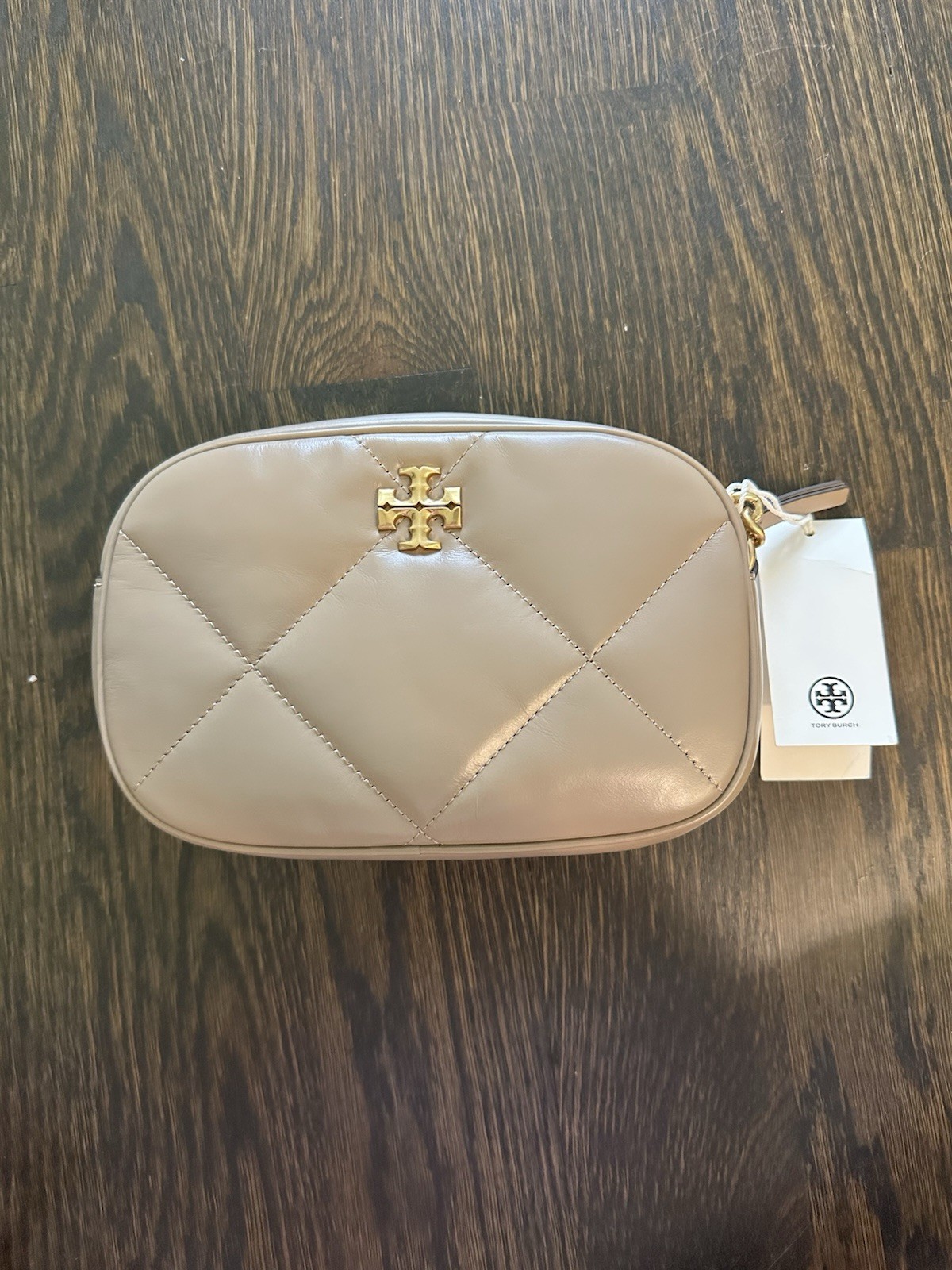 Tory Burch Kira Diamond Quilt Camera Crossbody Bag Taupe Oak NWT