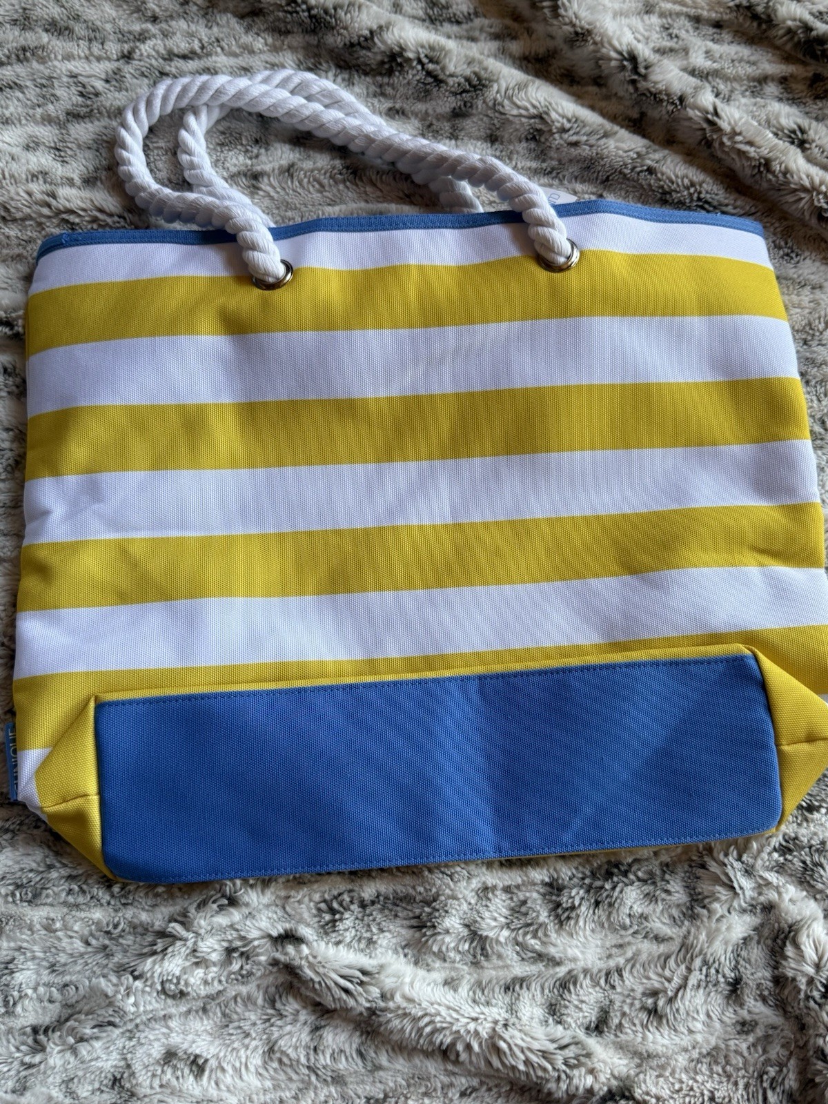 Clinique striped canvas tote Bag Yellow white and blue With Rope strap