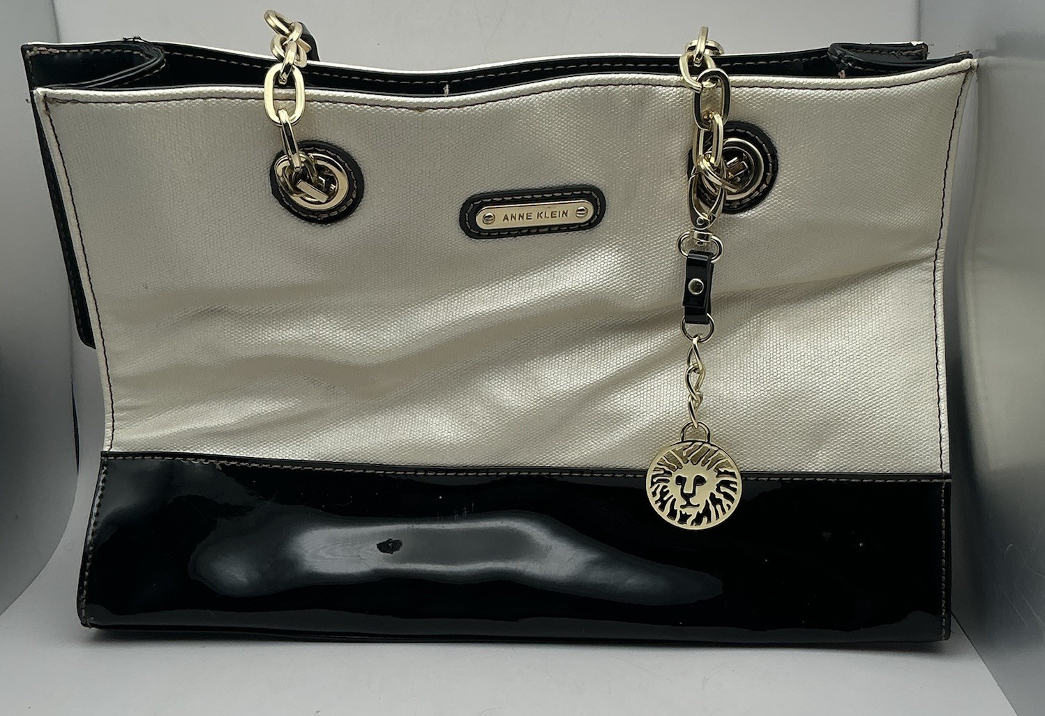 Anne Klein Cream Black Patent Leather Tote Bag Lion Charm Shoulder Bag GoldChain