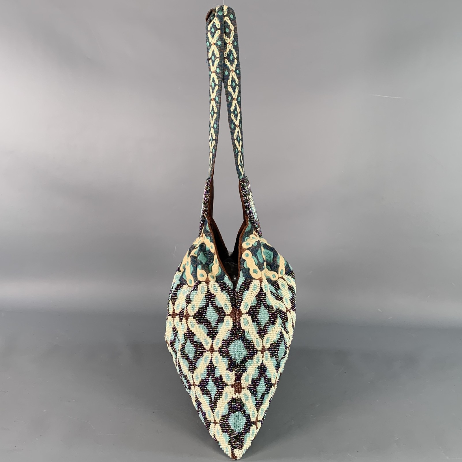 MURIEL BRANDOLINI Blue Brown White Beaded Hand Embroidered Cotton Handbag
