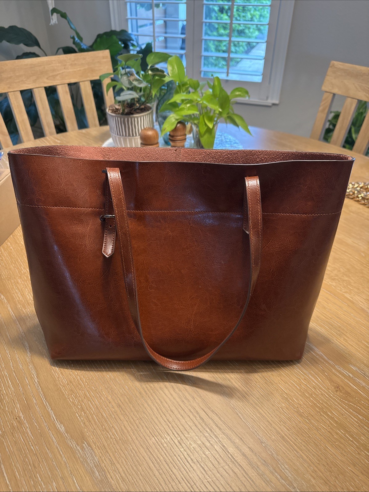 Kattee Leather Brown Tote Bag Zip Top Lined Inner Pockets Shoulder Strap