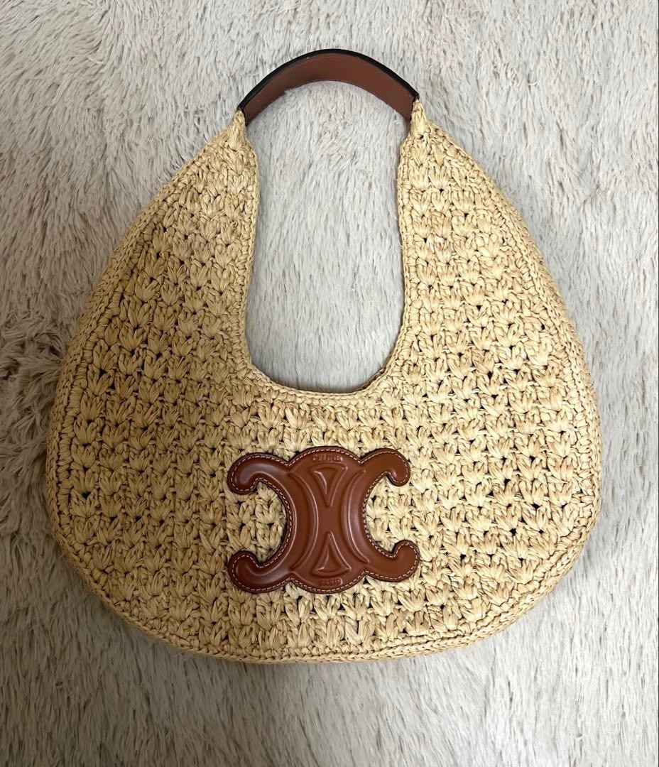 Celine Classic Panier Hobo Bag Woven Straw Basket Shoulder Bag With Leather Trim