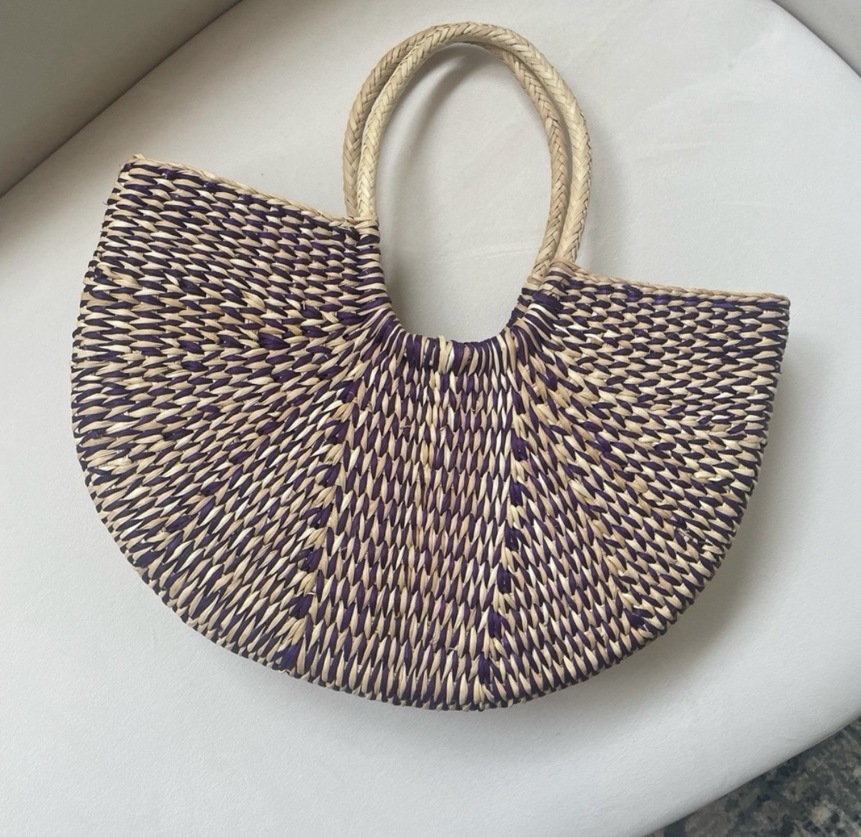 Handwoven Straw Tote Bag Purple Handmade Purse Market Tote