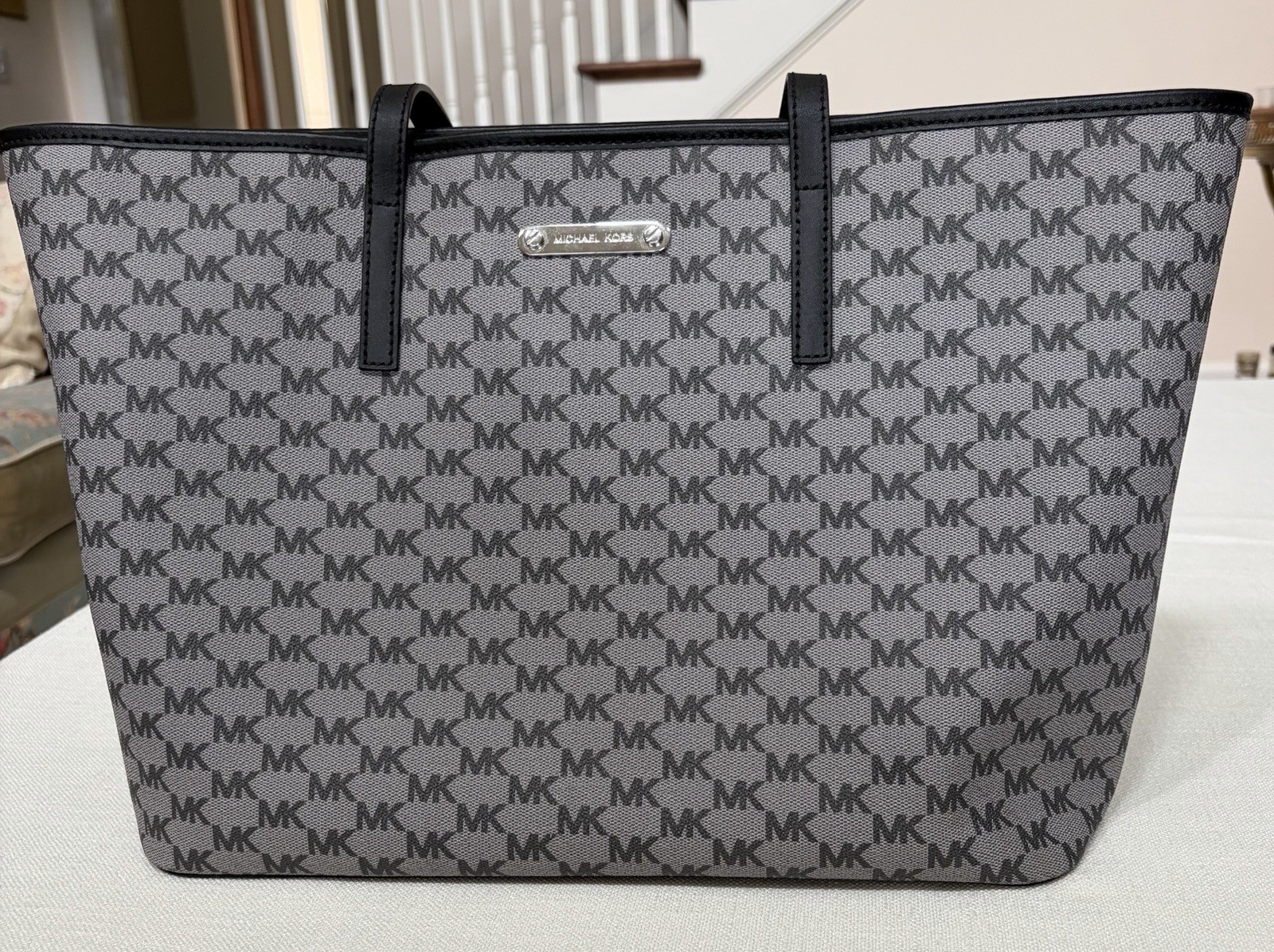 Michael Kors Tote Bag Gray MK Logo PVC Silver Hardware Zippered Size Large