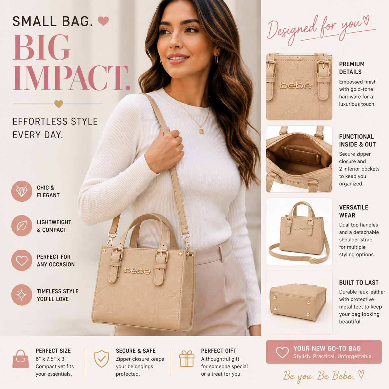 BEBE Zenia Embossed Mini Satchel – Almond