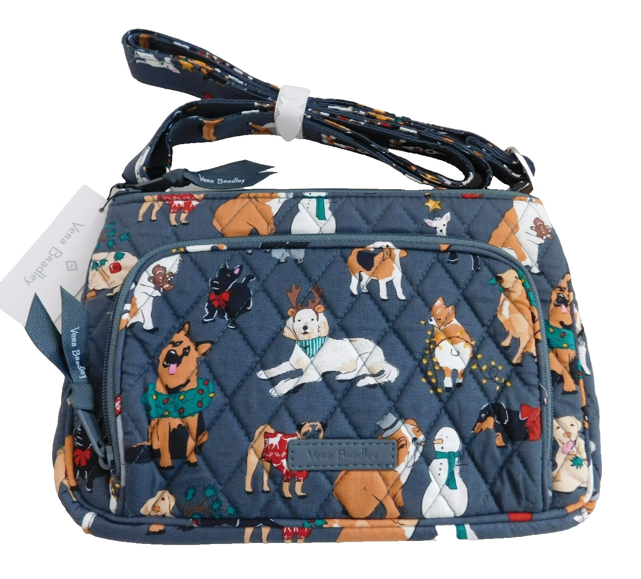VERA BRADLEY Crossbody RFID Little Hipster Holiday Dogs Pug Bulldog Corgi