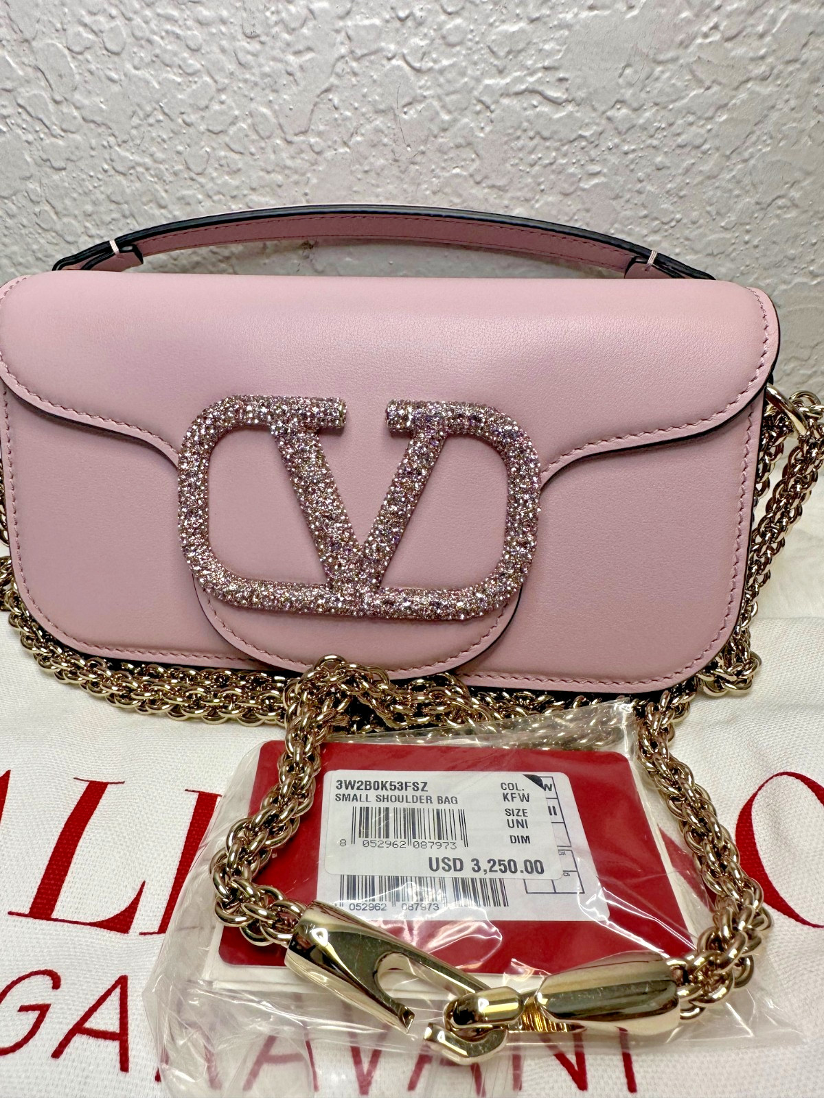 Valentino Garavani Calfskin Crystal VLogo Micro Loco Shoulder Bag Rose Cannelle