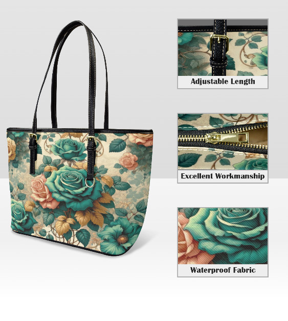 Custom Tote Hand Shoulder Bag 12 X 15 Romantic Roses Victorian Emerald Pink Gold