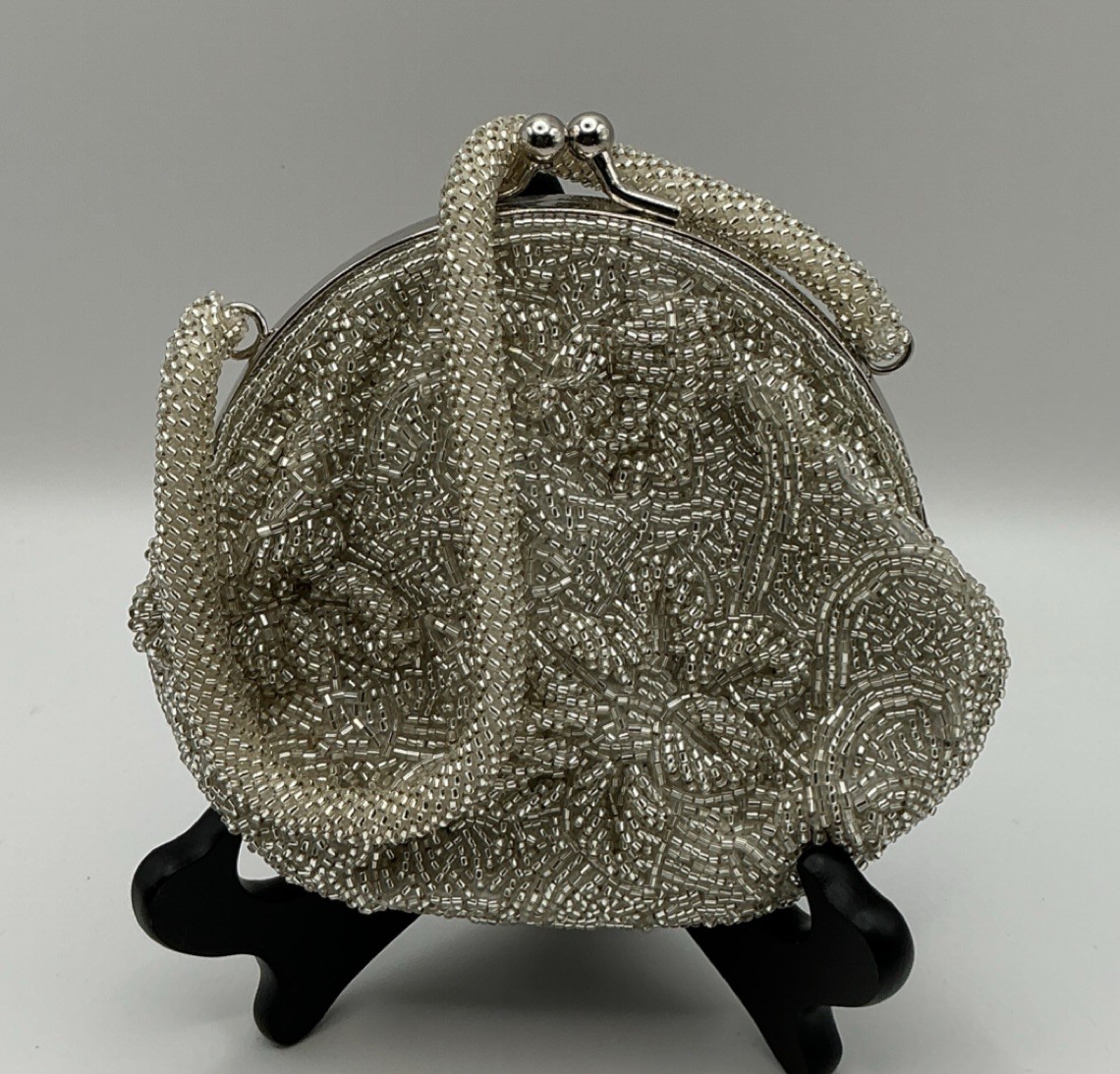 La Regale Silver Gray Clutch Bag Purse Sparkle Evening Bag Beaded Strap