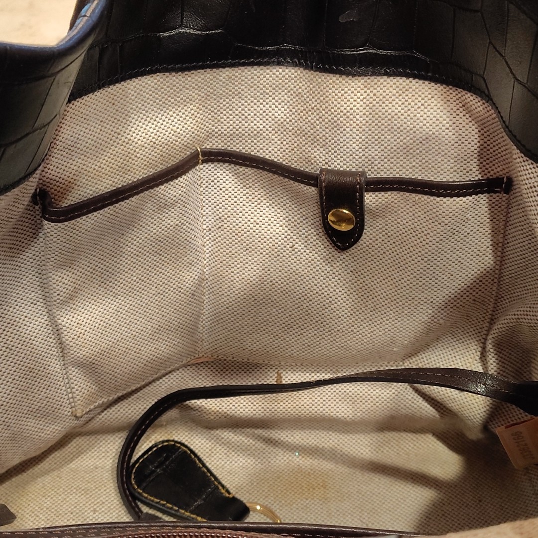 Dooney & Bourke Black With Brown Trim Croc Embossed Leather Logo Lock Hobo Bag