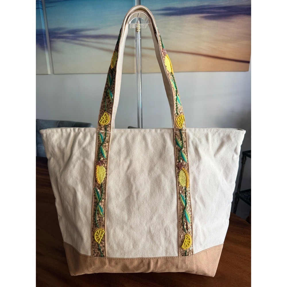 America & Beyond Beaded Lemon Canvas Tote Bag Cream Tan NWT