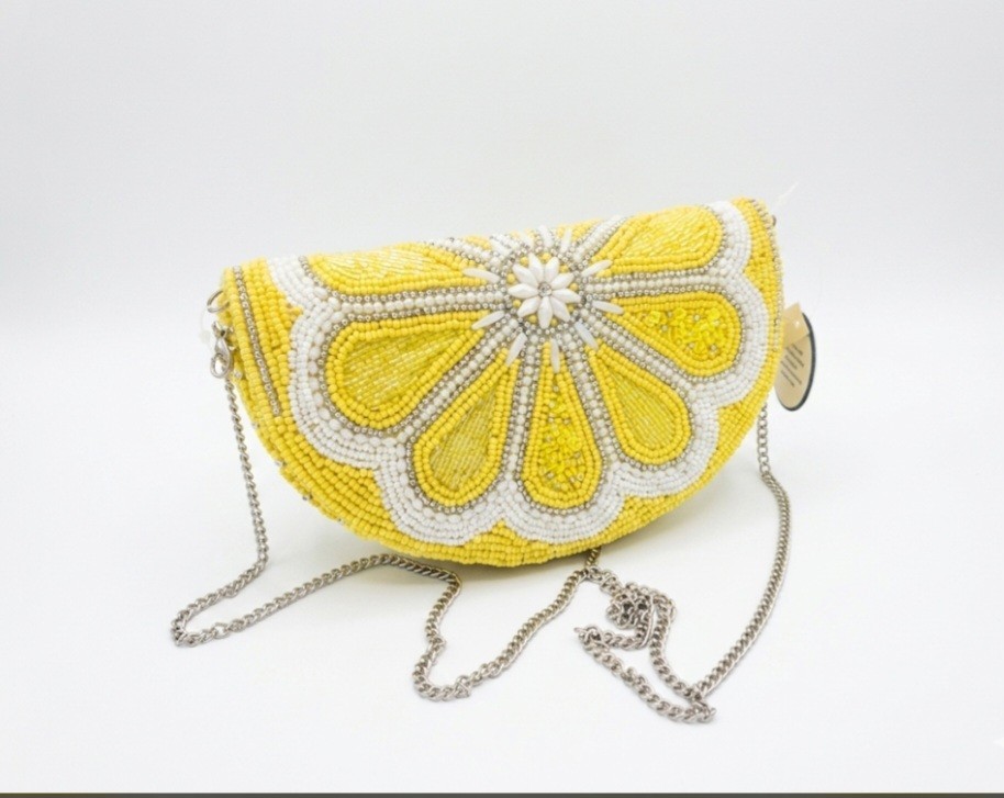 ​Studio 12 Yellow Lemon Beaded Crossbody Clutch Bag Hand Beaded India NWT