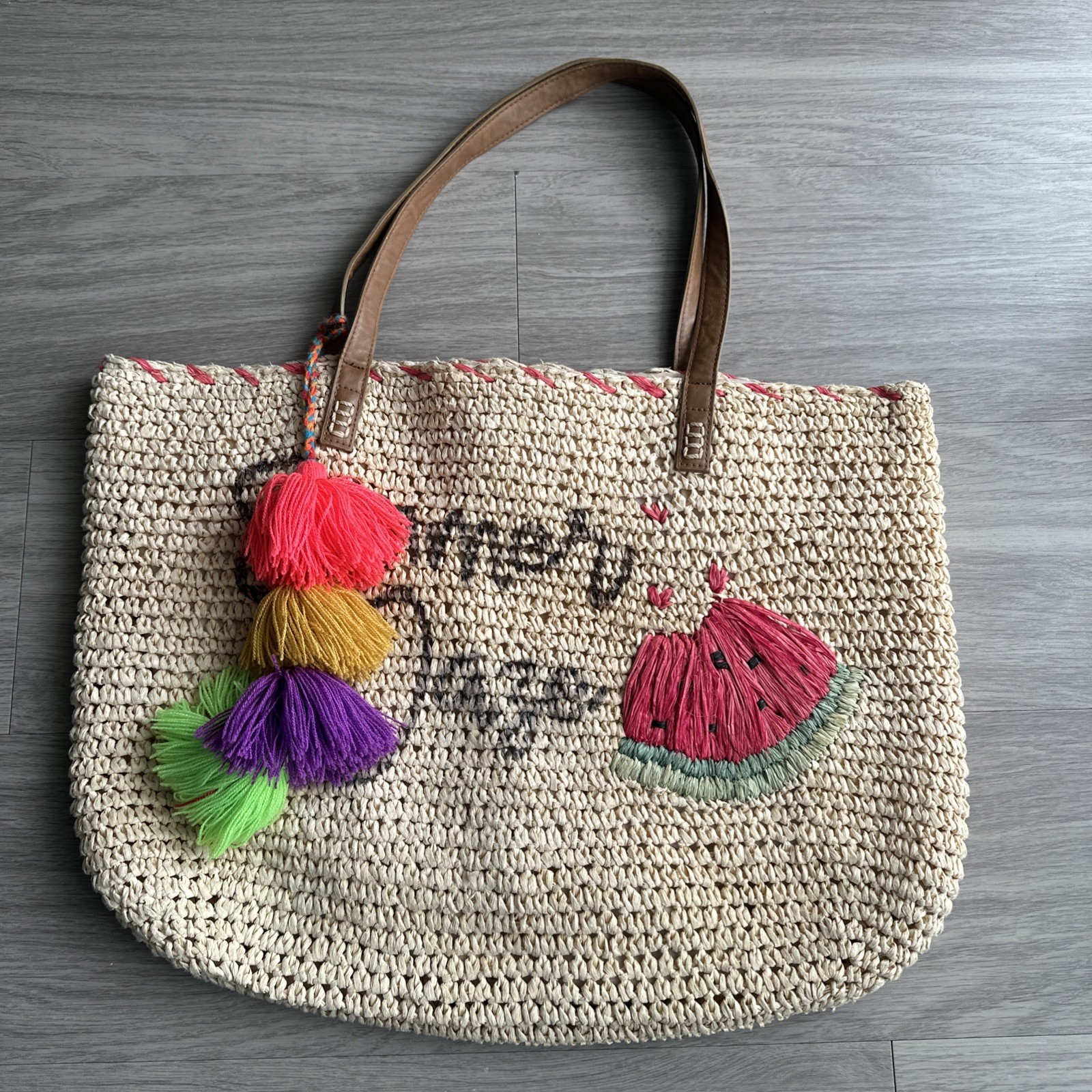Nordstrom Summer Daze large Straw shoulder tote bag purse Watermelon Hula Skirt