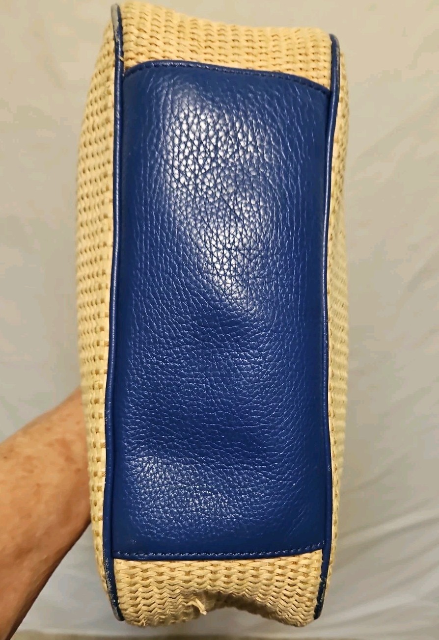Tory Burch Straw/Raffia Tote Bag Blue Leather Trim 12 in. X 11 in. X 4 in. Large