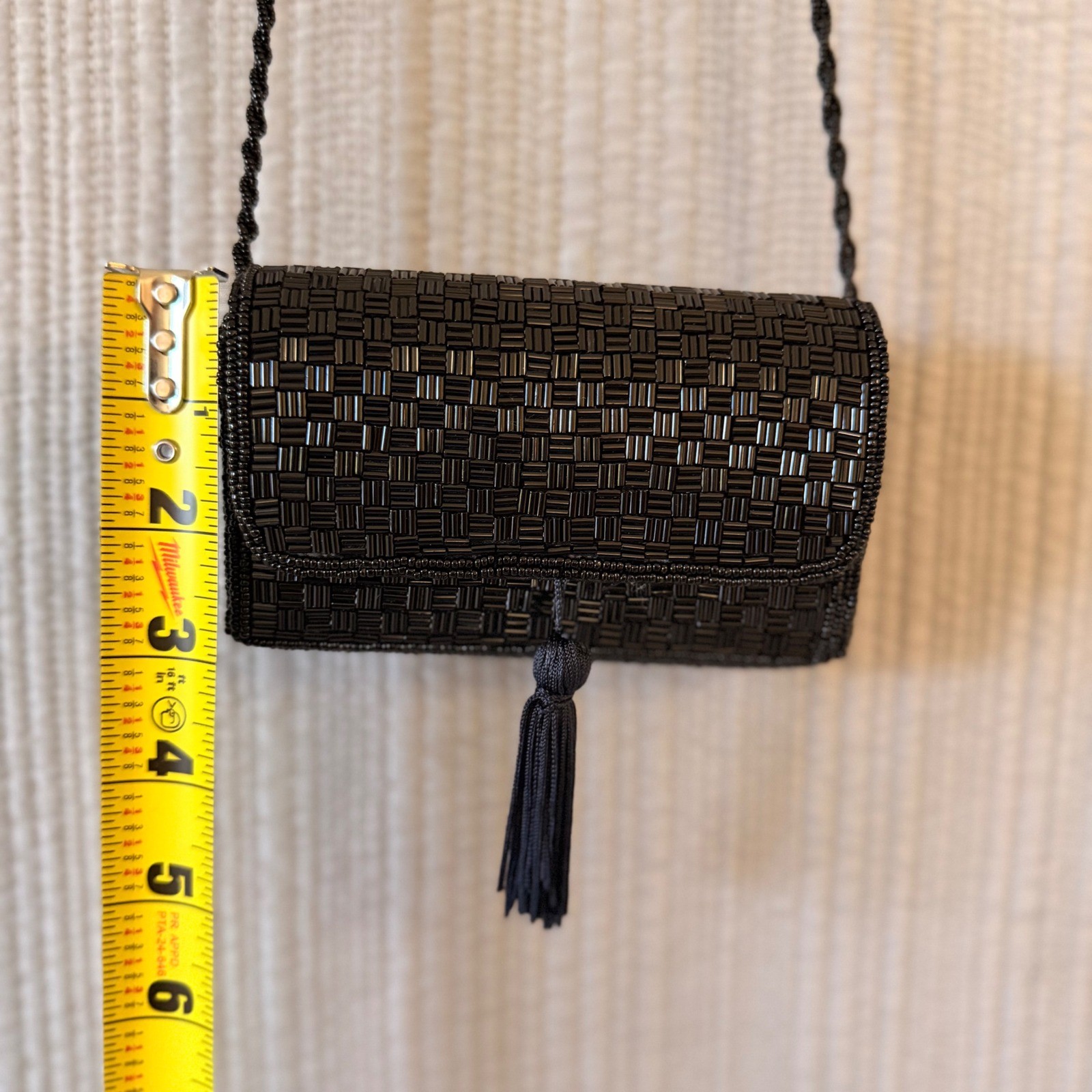 Handmade Vintage Black Beaded Tassel Crossbody Evening Bag Basketweave Clutch