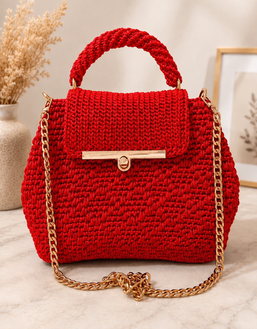 Red Woven Small Top Handle Bag Gold Chain Strap Turn Lock Women Casual
