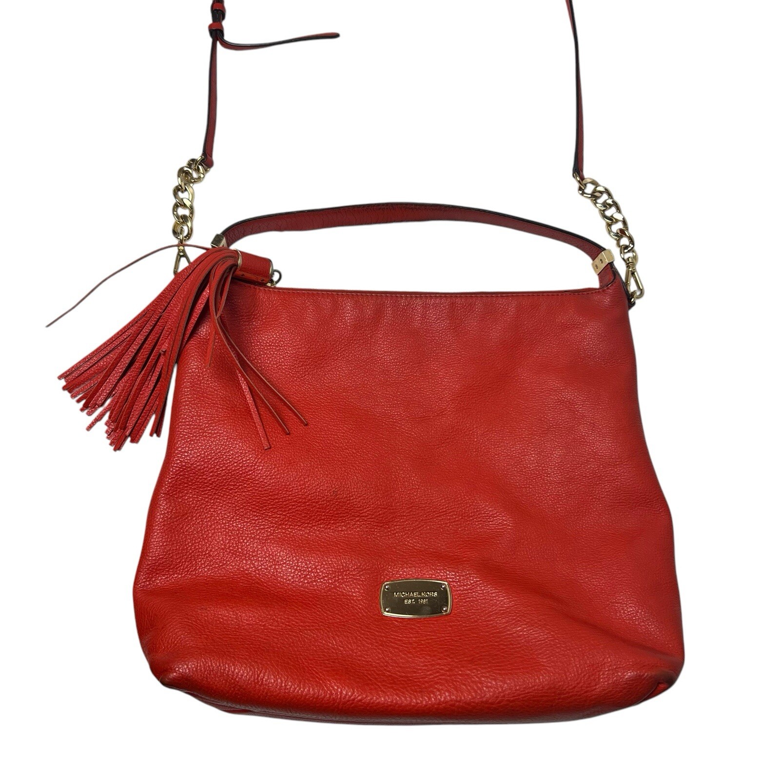 Michael Kors Hobo Bag Orange Red Soft Pebbled Leather with Tassel Large 2 Straps