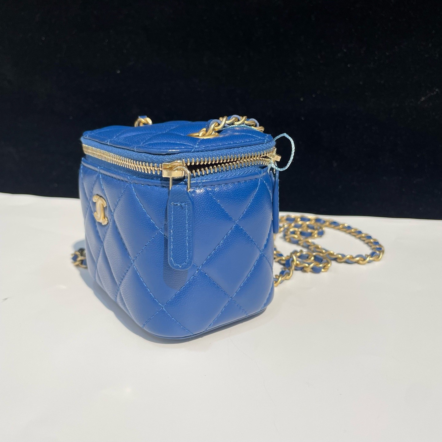 Chanel Vanity Case Quilted Leather Blue Mini Crossbody Bag Gold Ball Chain