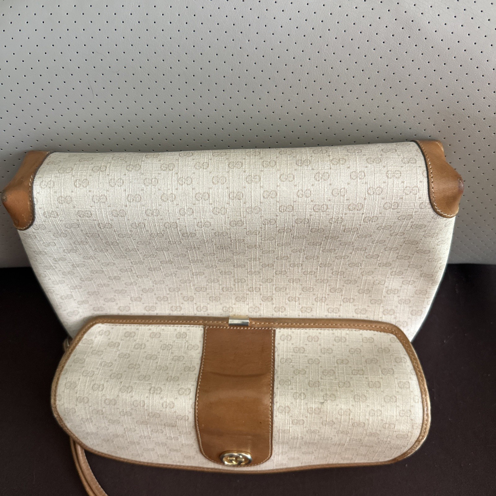 GUCCI Micro GG Shoulder Bag PVC Leather Beige Brown USED