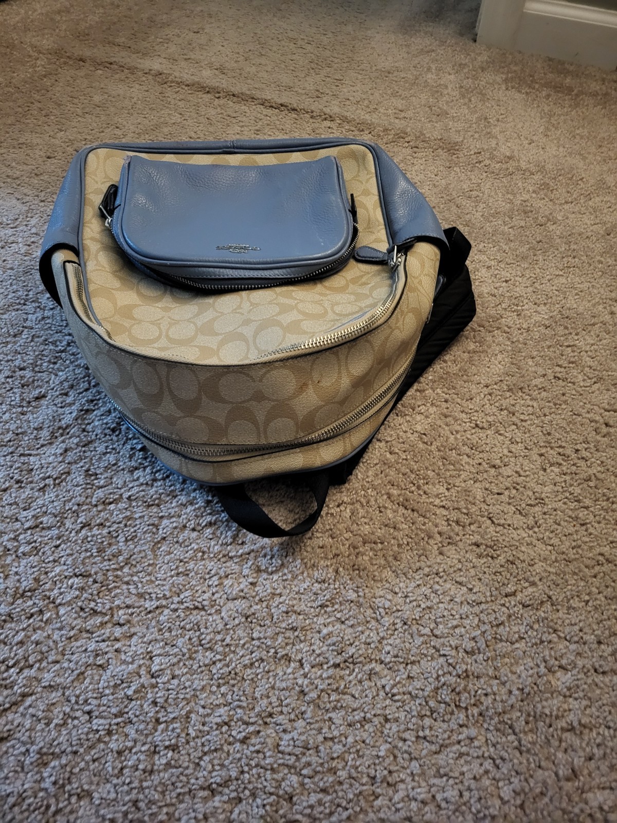 Coach A2121-5671 Zip Mini Backpack Blue/Tan Front Zip Pocket Adjustable Strap