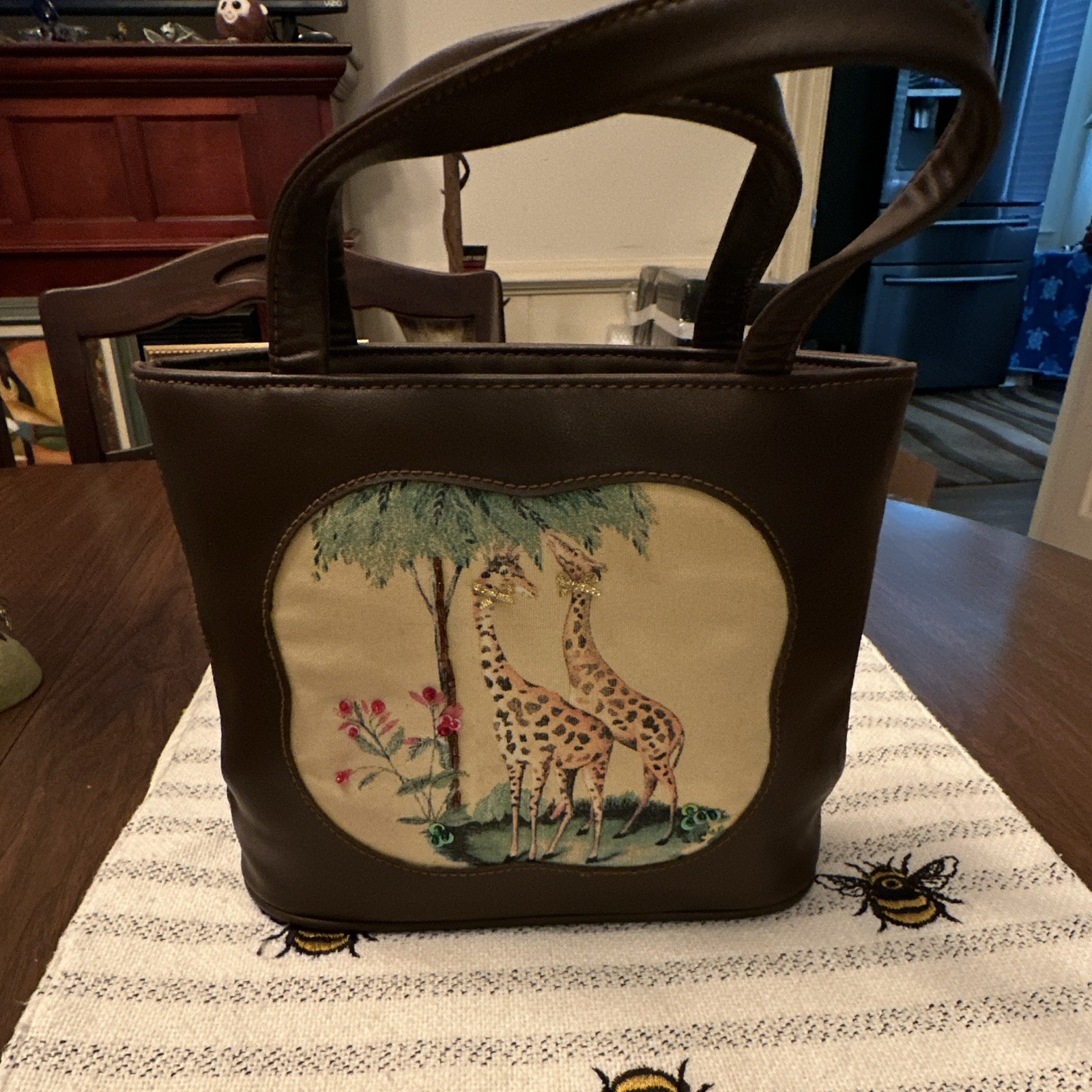 Brown Small Women’s Top Handle Bag, Embroidered Giraffe, Snap, Lined Pockets