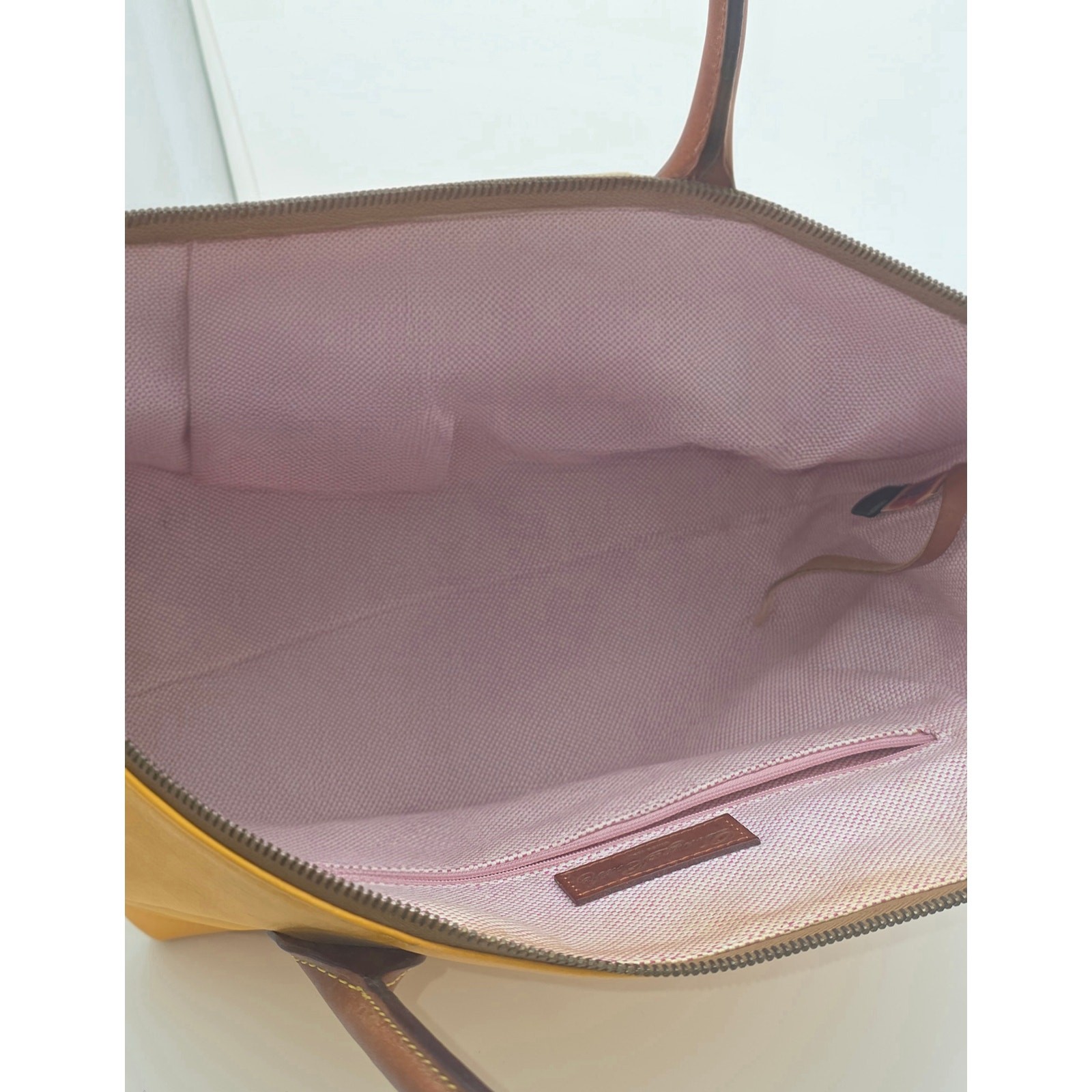 Dooney & Bourke Yellow Leather Bucket Tote Cognac Trim Duck Logo Silver