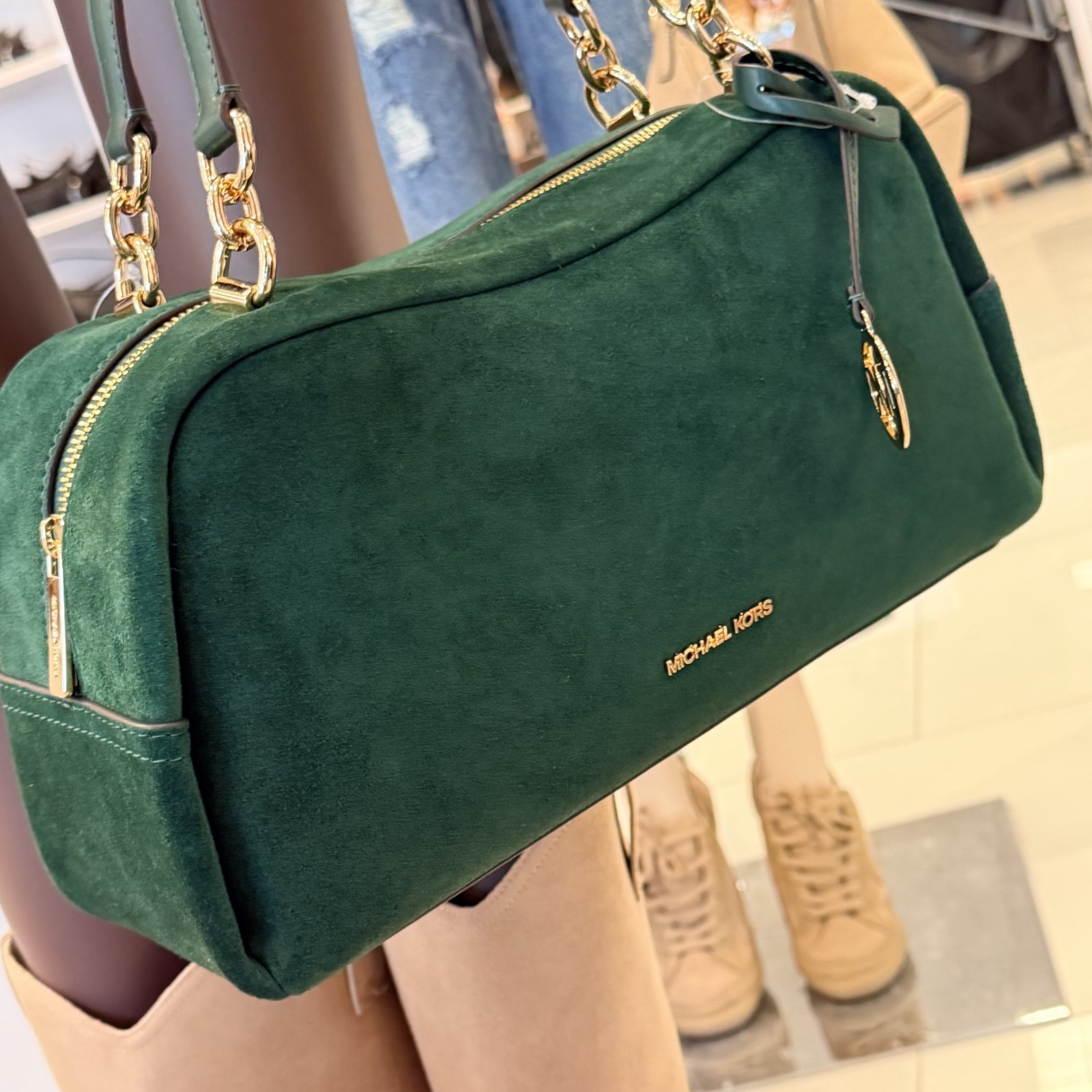 Michael Kors Cecily Medium Shoulder Purse Bag Suede Leather Moss