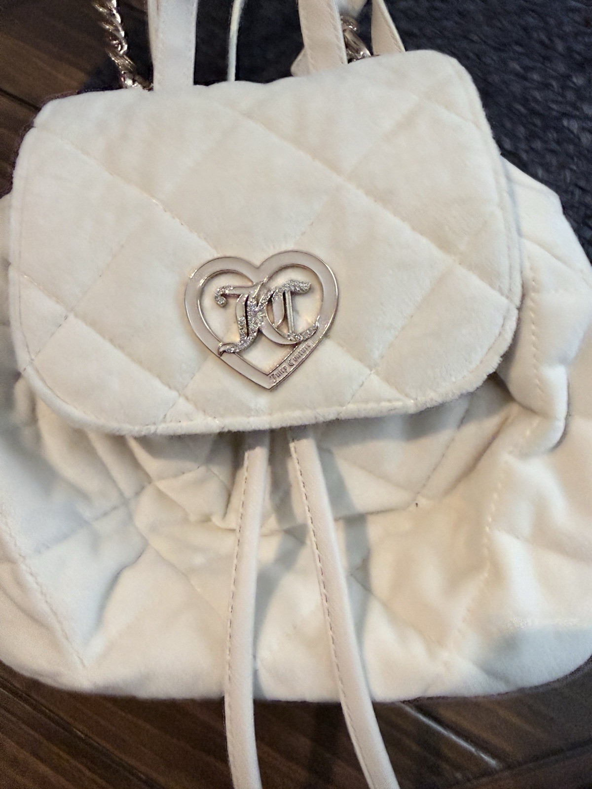 Juicy Couture White Quilted Drawstring Backpack Heart Logo Chain Straps Pouch