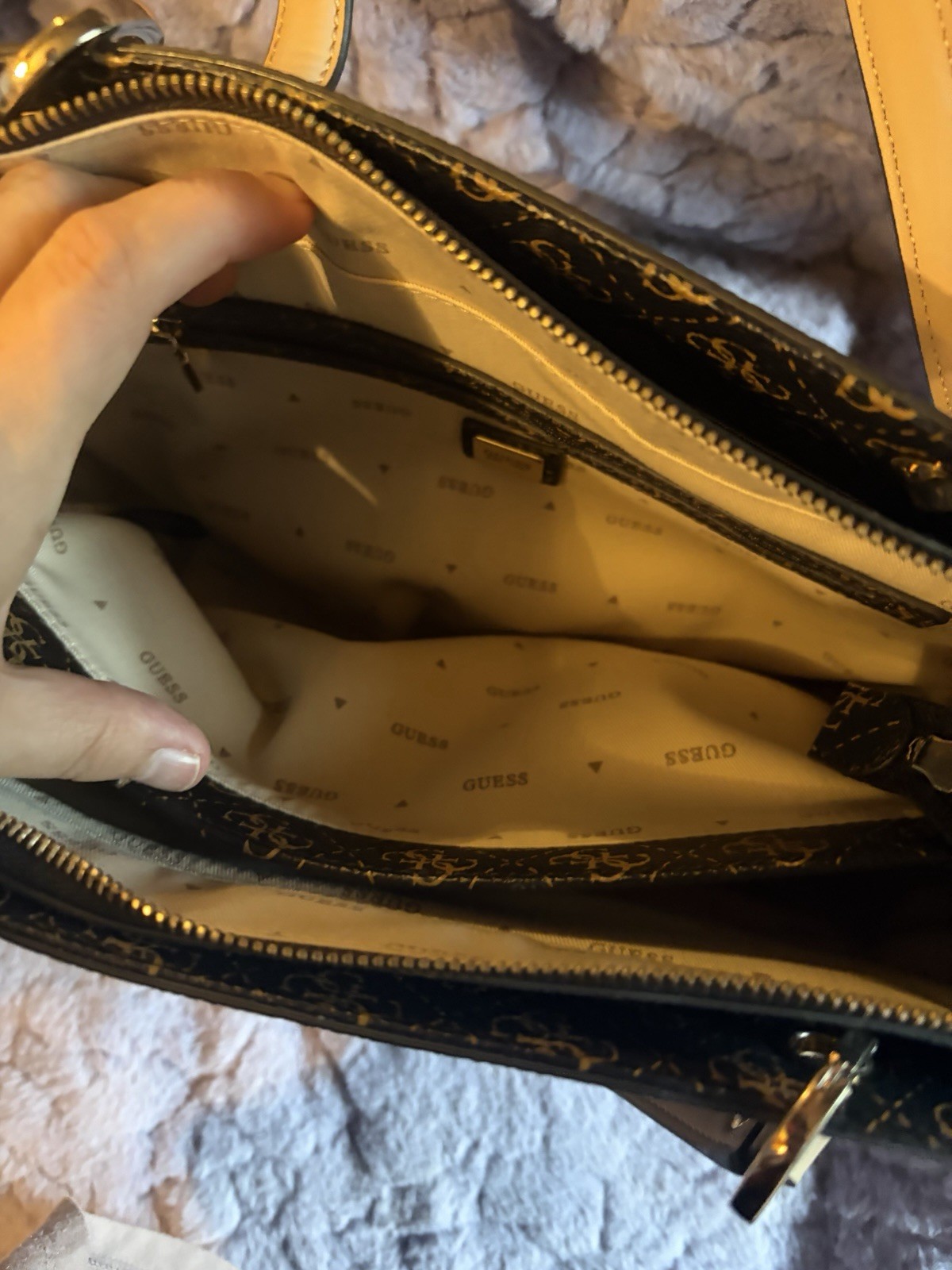 GUESS Black/Tan Logo Monogram Zip Tote Shoulder Bag w/ Charm, Inner Pockets