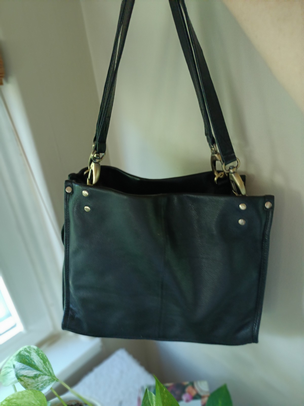 Great Americ Leather Works Shoulder Bag Double Handles Multiple Pockets Black