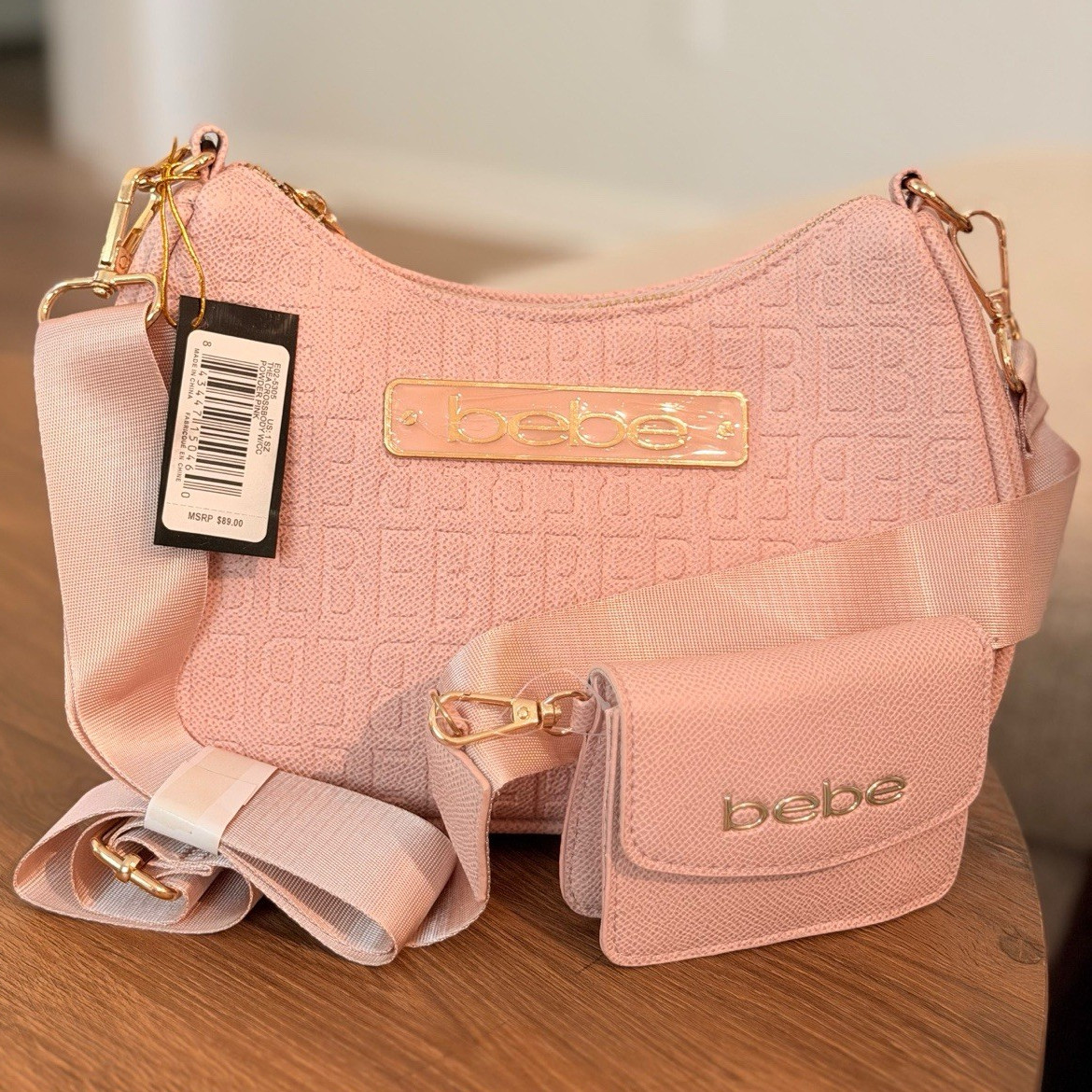 bebe Small Pink Textured Logo Crescent Crossbody Zip Bag w/ Strap & Pouch