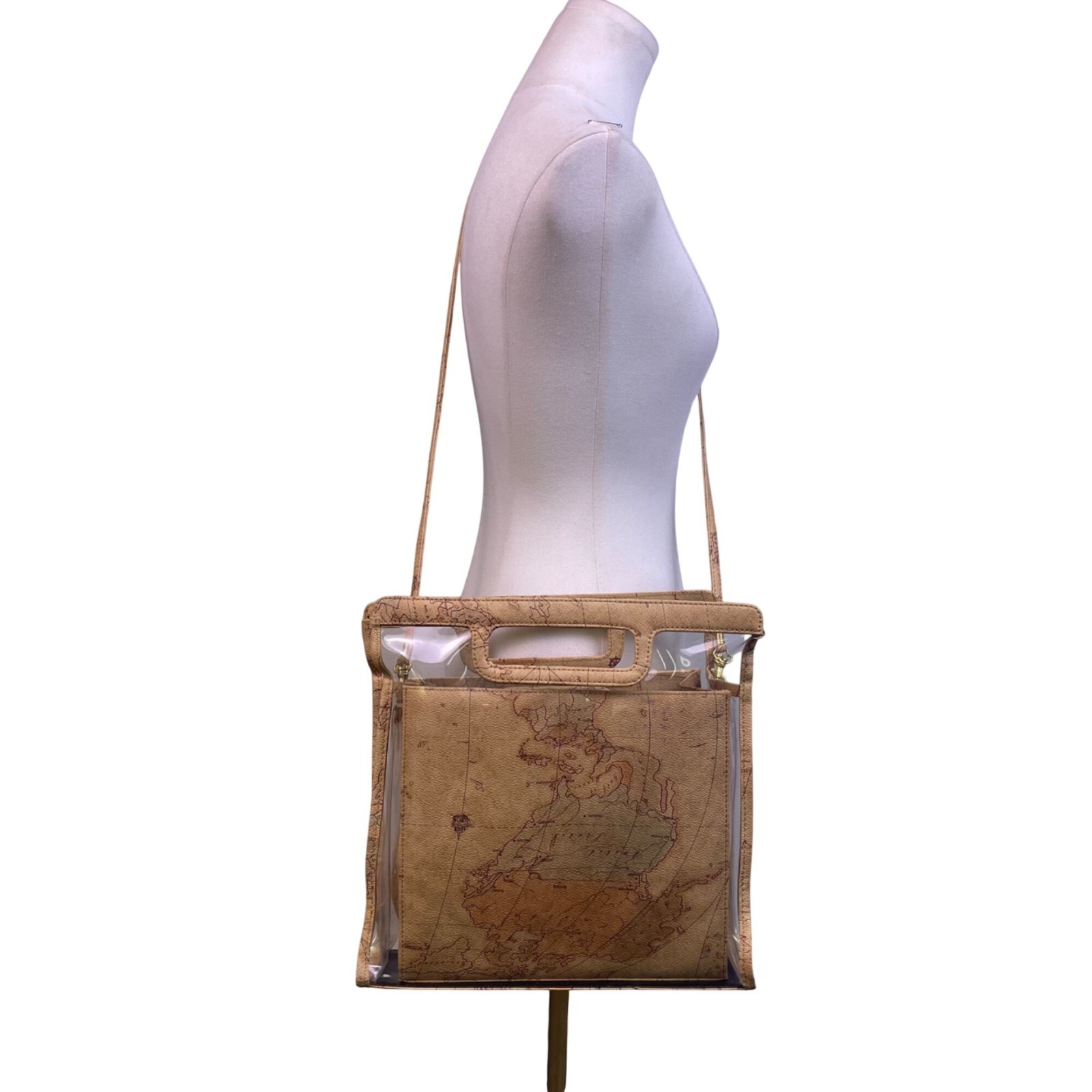 JR Comeco Women’s Beige Map Print With Clear Overlay Crossbody Bag