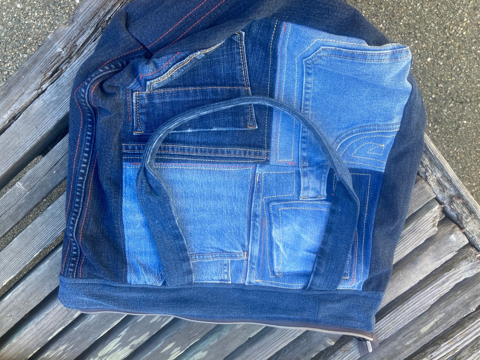 Denim jean bag/tote/purse from repurposed Jeans by Shotzi designs -extra pouch