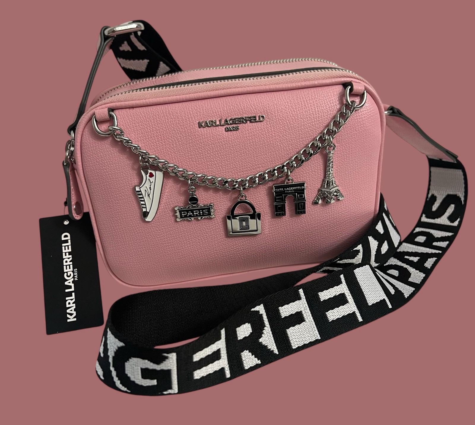 KARL LAGERFELD PARIS Crossbody Blush Bag With Paris Pendant Chain In Front
