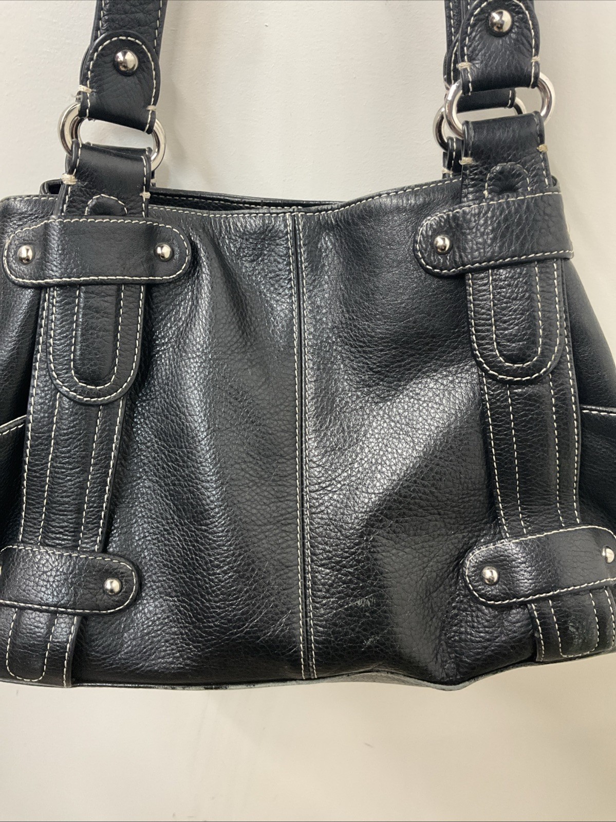 Tignanello Tote Style Black Leather Double Handle Purse Bag