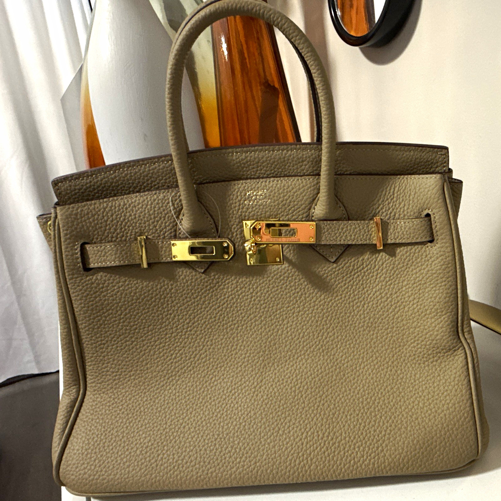 HERMÈS Birkin Beige Satchel Top Handle Bag Turn Lock Gold Hardware Logo