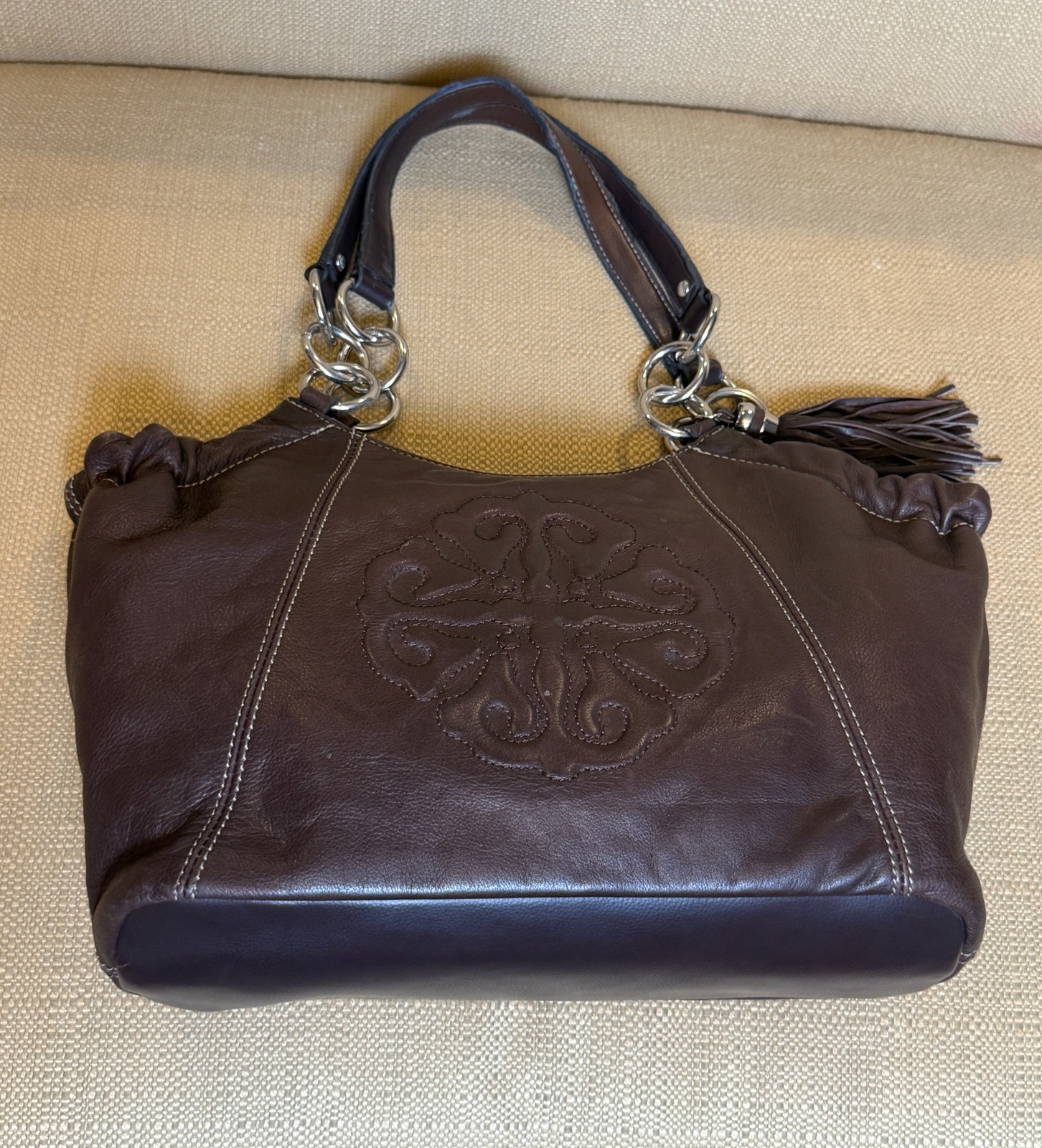 Solina Brown Genuine Leather Hobo Shoulder Bag Satchel Embossed Scroll Emblem