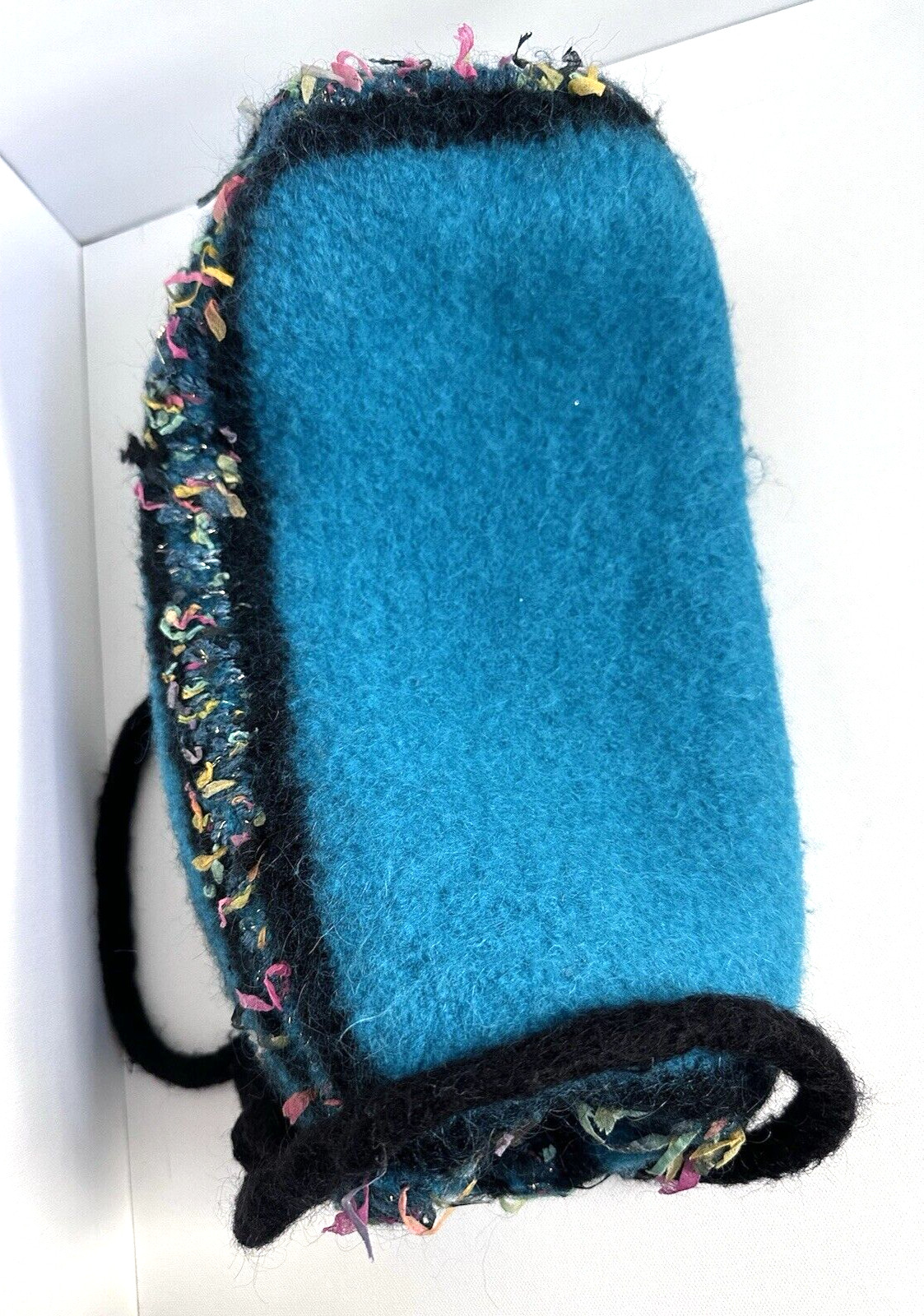 Handmade Aqua Blue Felted Wool Boho Shoulder Handbag Multicolor Ribbon Accents