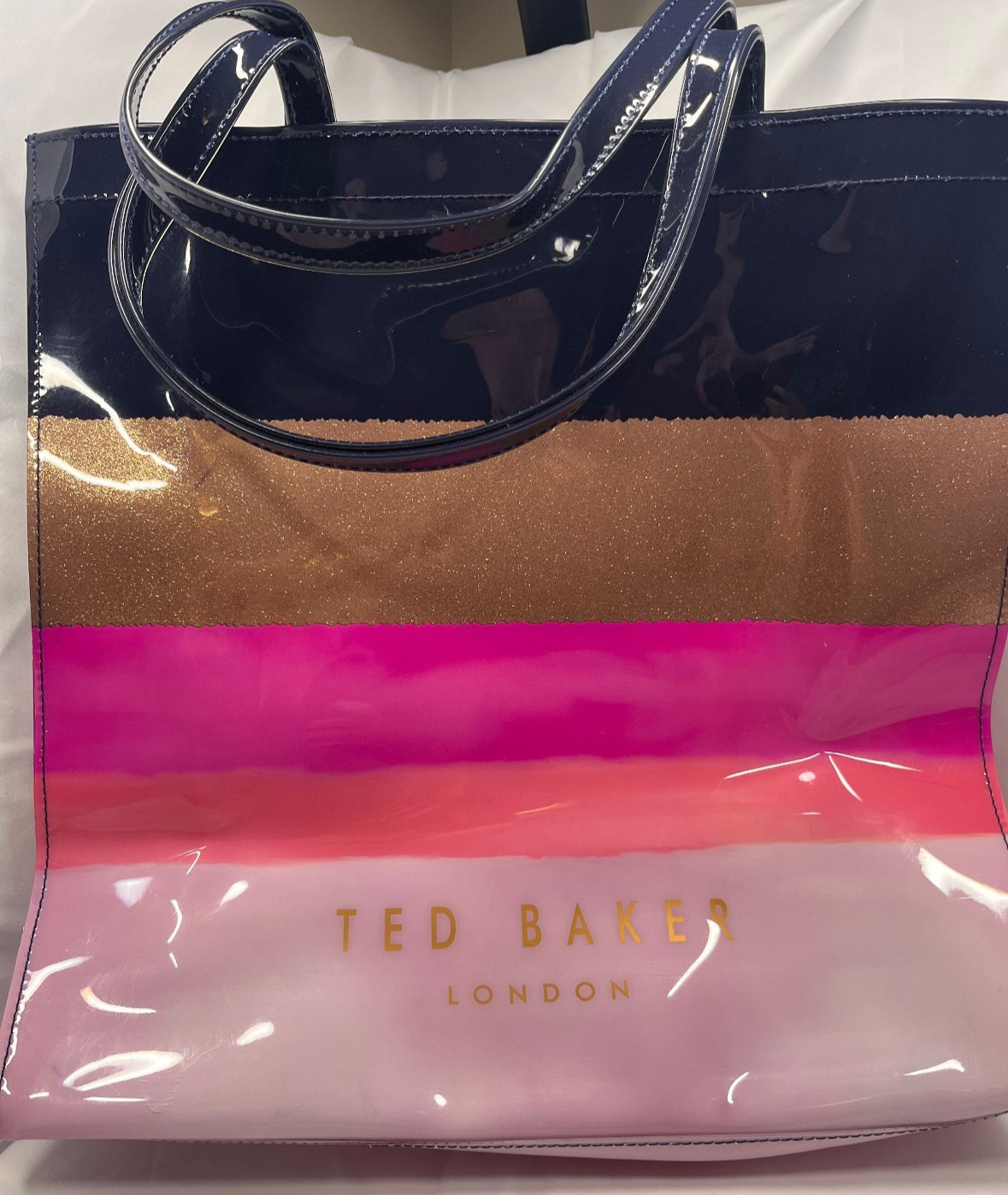 Ted Baker London Icon Tote Bag Navy Gold Glitter Pink Sunset Ombre PVC Preowned