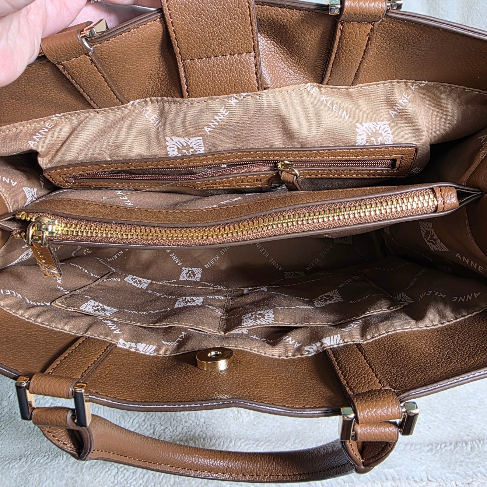 Anne Klein Tote Bag Brown Woven Straw Cane Faux Leather Travel Luxury NWOT