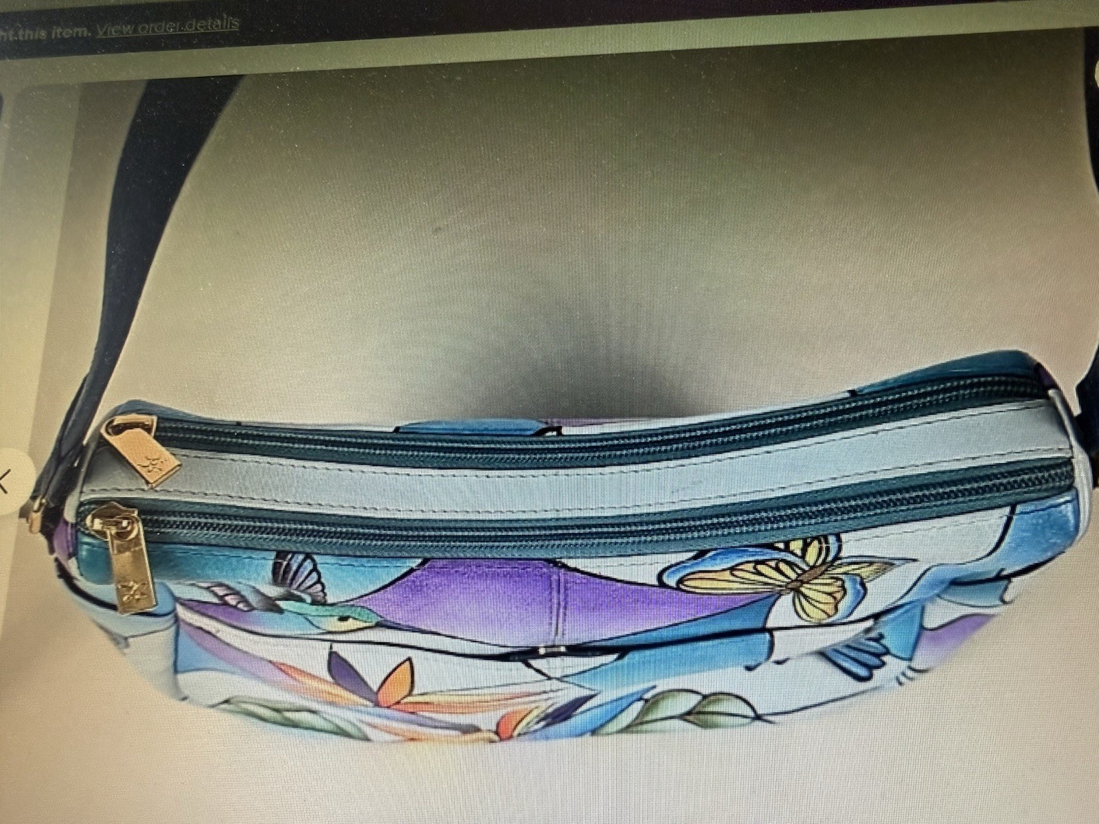 NWOT – Anuschka Hand Painted Twin Top East West Hummingbird Blue Glass Hobo Bag