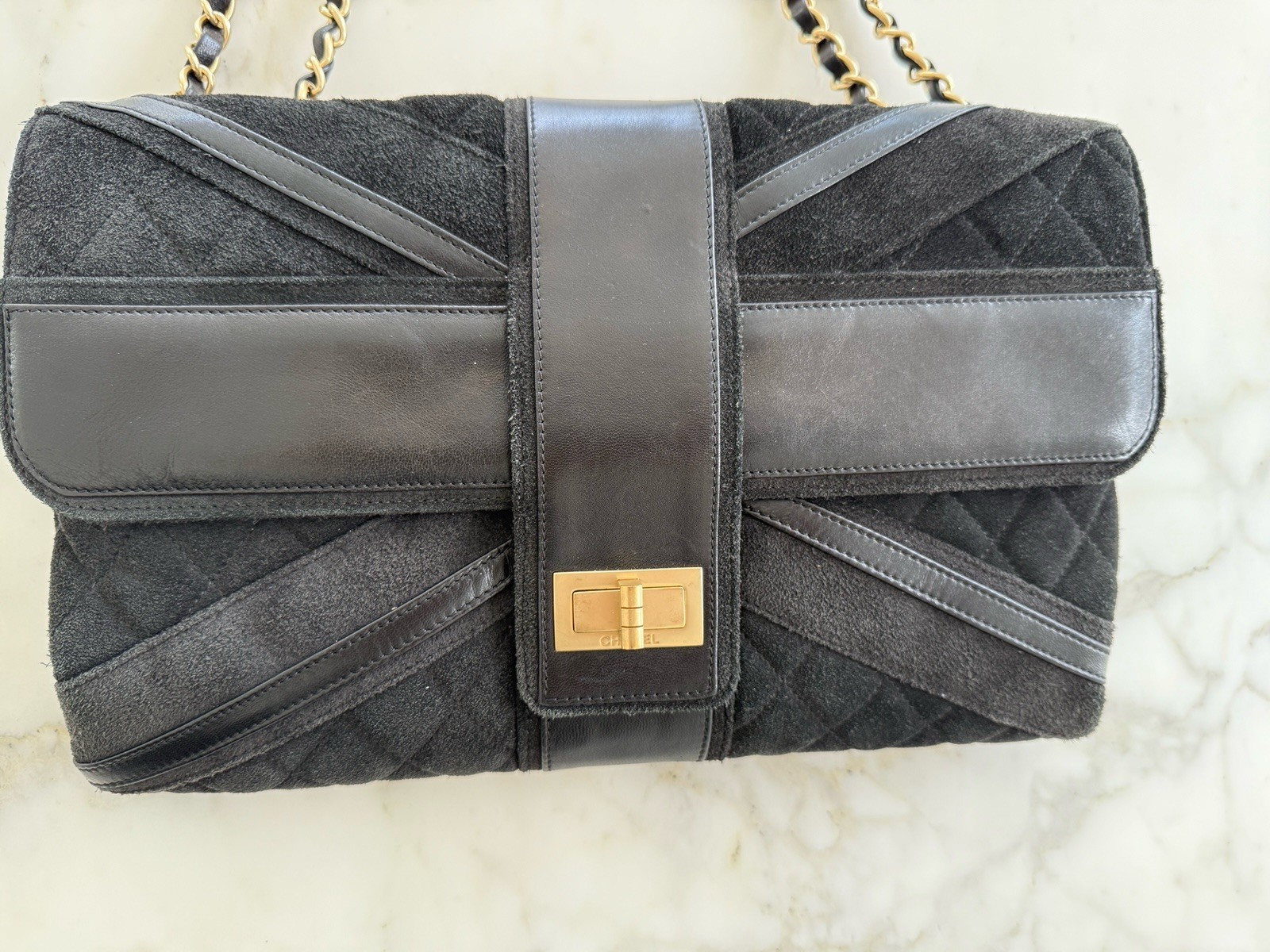 CHANEL Black Suede Reissue 2.55 Union Jack British Gold Chain Flap Bag RARE