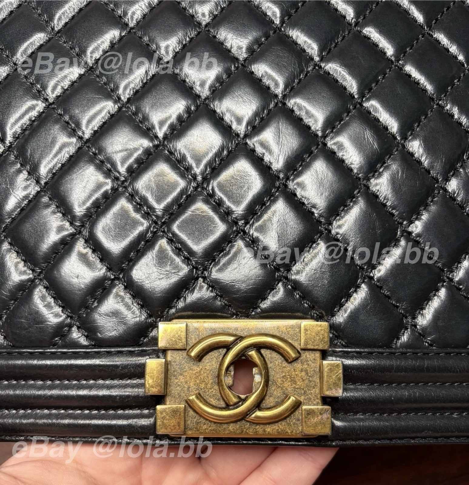 CHANEL Black Quilted Crinkle Leather Boy Bag With Antique Gold Hardware Large