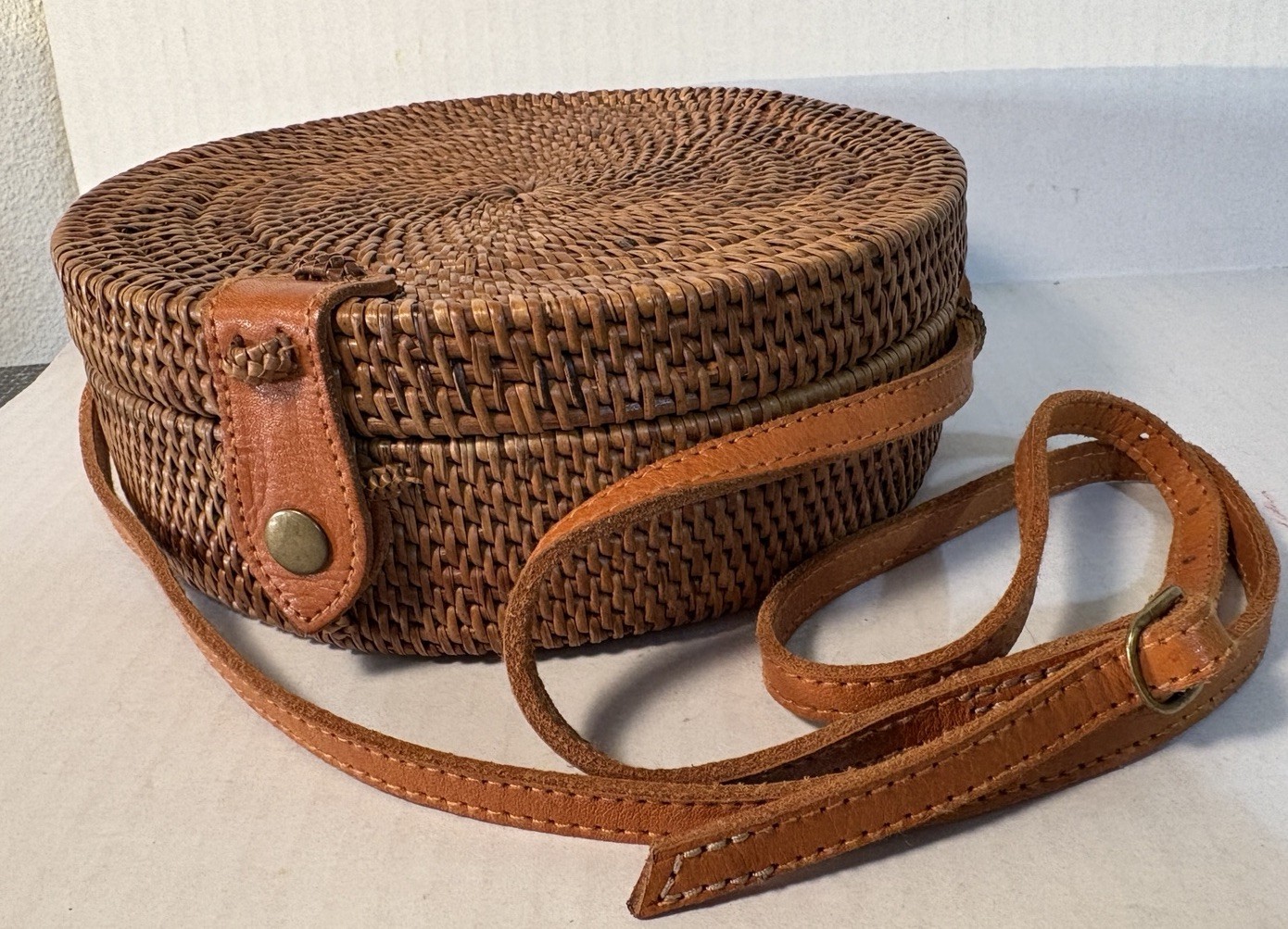 Studio Collection Hand Woven 8” Round Rattan Purse, Leather Strap, Made in Bali