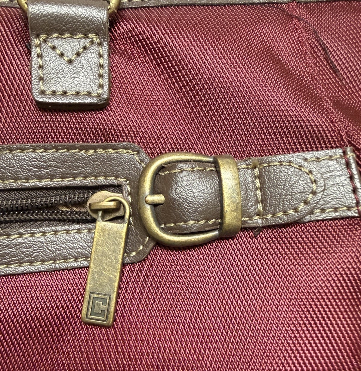 Chaps Burgundy Tote Bag, Zip Top, Brown Faux Leather Double Handles, Gold HW
