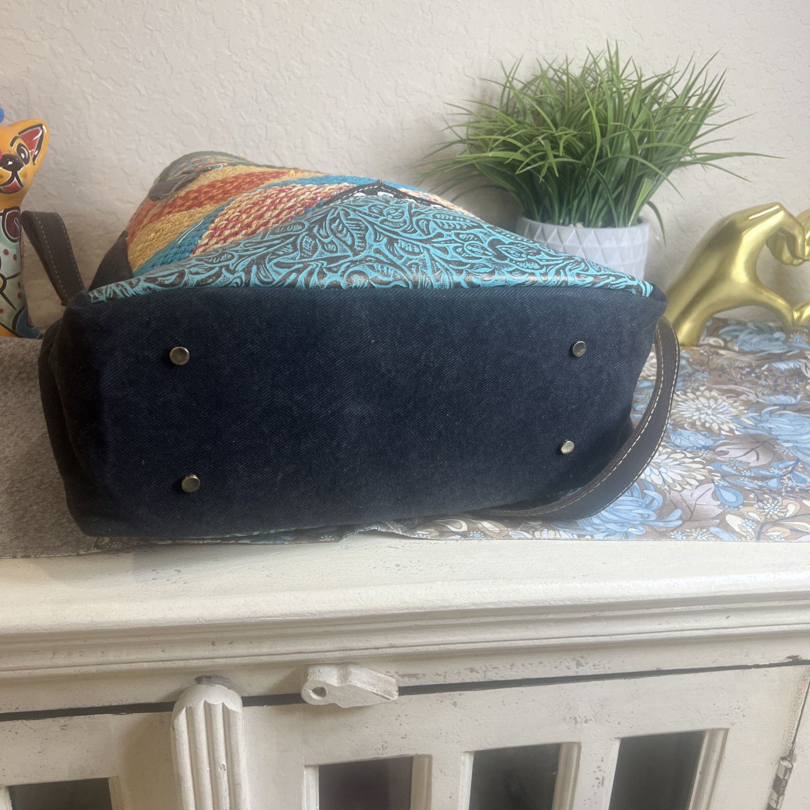 Myra Bag Handmade Bohemian Western Bucket Bag Upcycled Canvas & Cowhide Leather