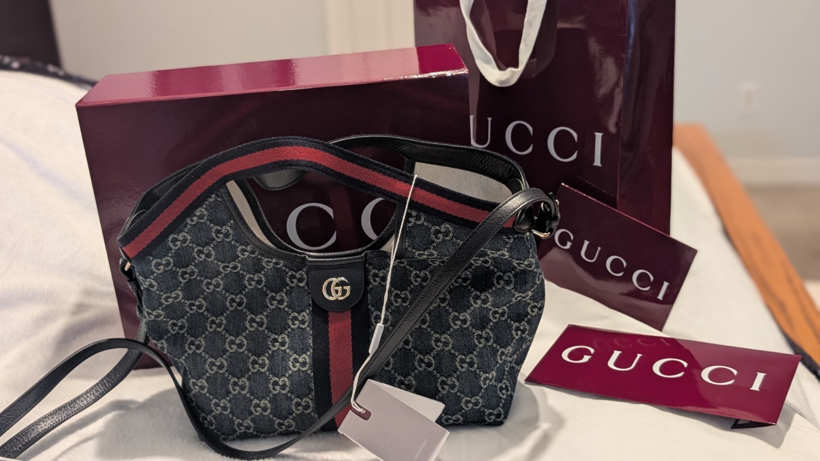 Gucci Giglio Small Tote GG Blue/White Detachable Strap w/ Pouch, Dust Bag